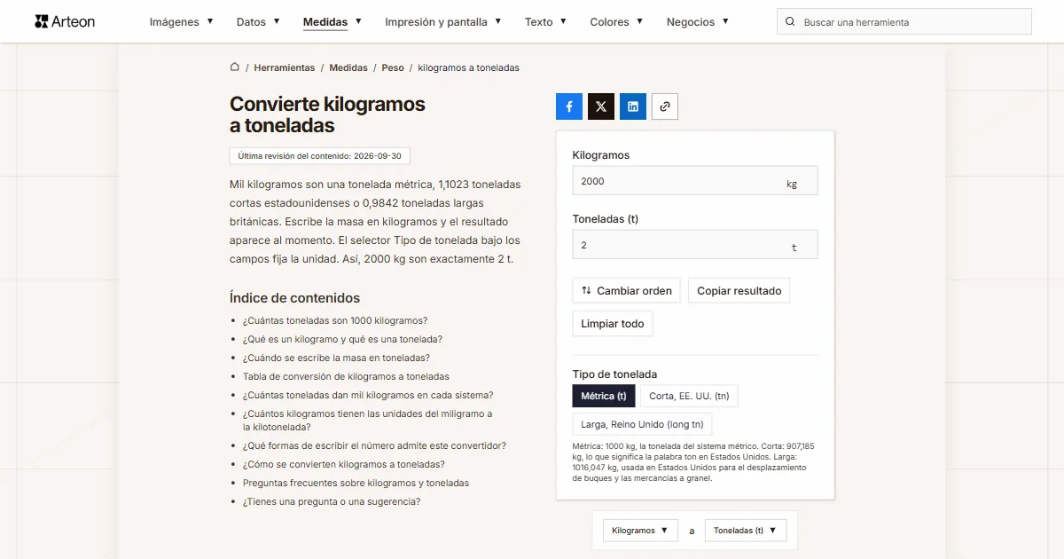 Captura de pantalla de la herramienta gratuita de Arteon: Convierte kilogramos a toneladas