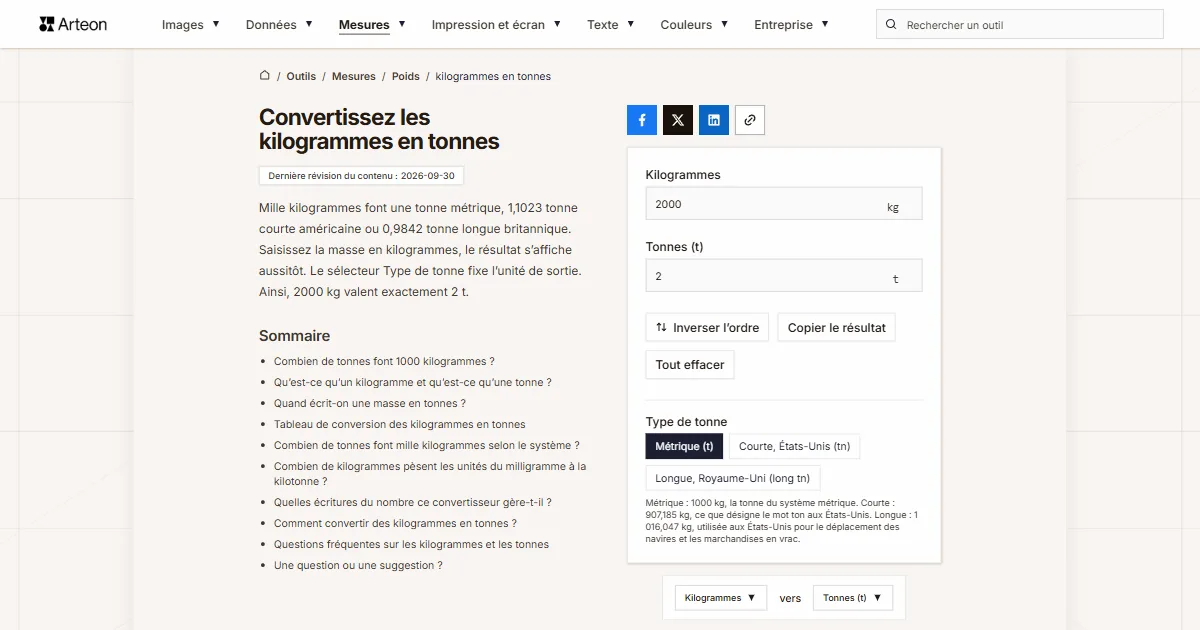 Capture d'écran de l'outil gratuit d'Arteon: Convertissez les kilogrammes en tonnes