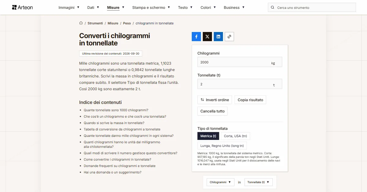 Screenshot dello strumento gratuito Arteon: Converti i chilogrammi in tonnellate