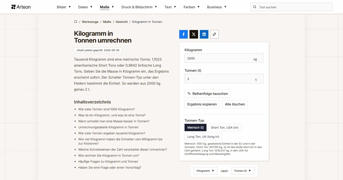 Screenshot des kostenlosen Arteon-Werkzeugs: Kilogramm in Tonnen umrechnen