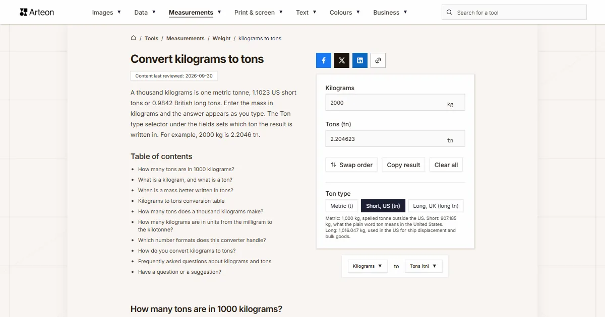 Arteon free tool screenshot: Convert kilograms to tons