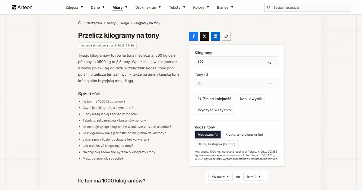 Zrzut ekranu darmowego narzędzia Arteon: Przelicz kilogramy na tony