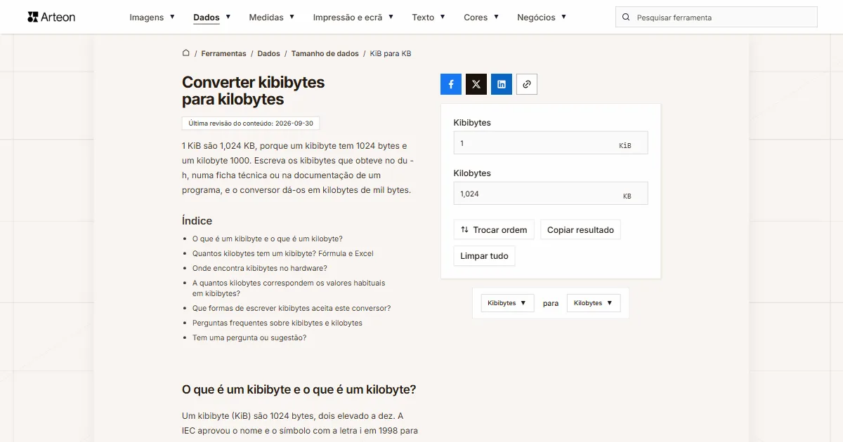 Captura de ecrã da ferramenta gratuita da Arteon: Converter kibibytes para kilobytes