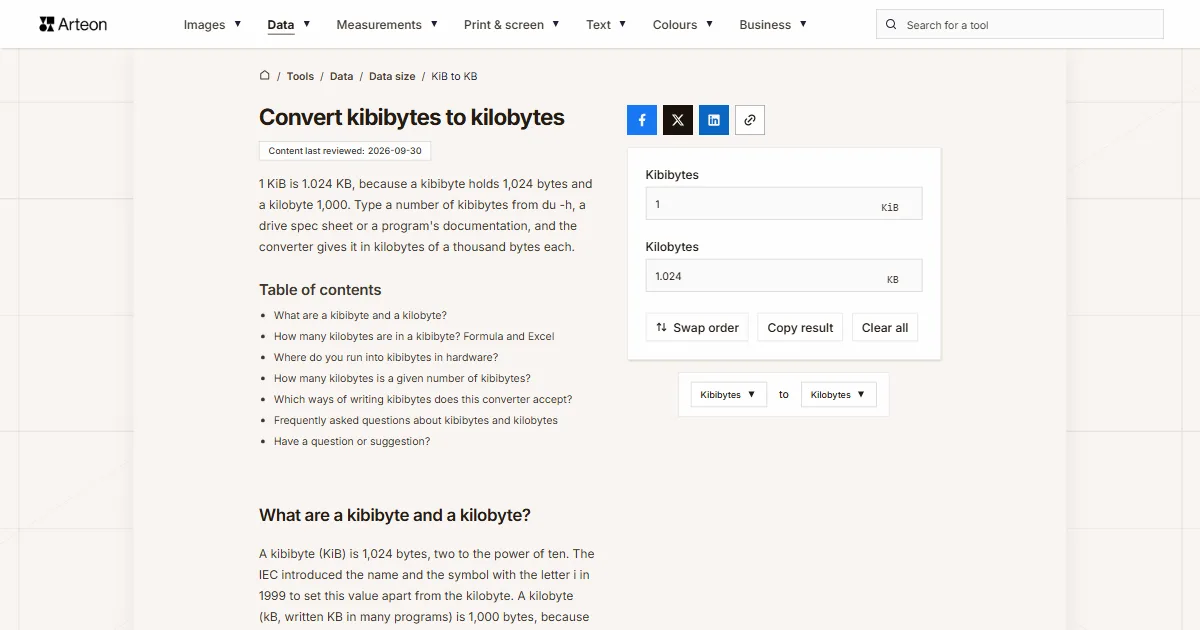 Arteon free tool screenshot: Convert kibibytes to kilobytes