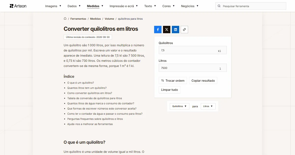 Captura de ecrã da ferramenta gratuita da Arteon: Converter quilolitros em litros