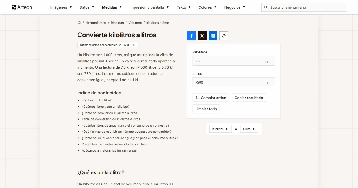 Captura de pantalla de la herramienta gratuita de Arteon: Convierte kilolitros a litros
