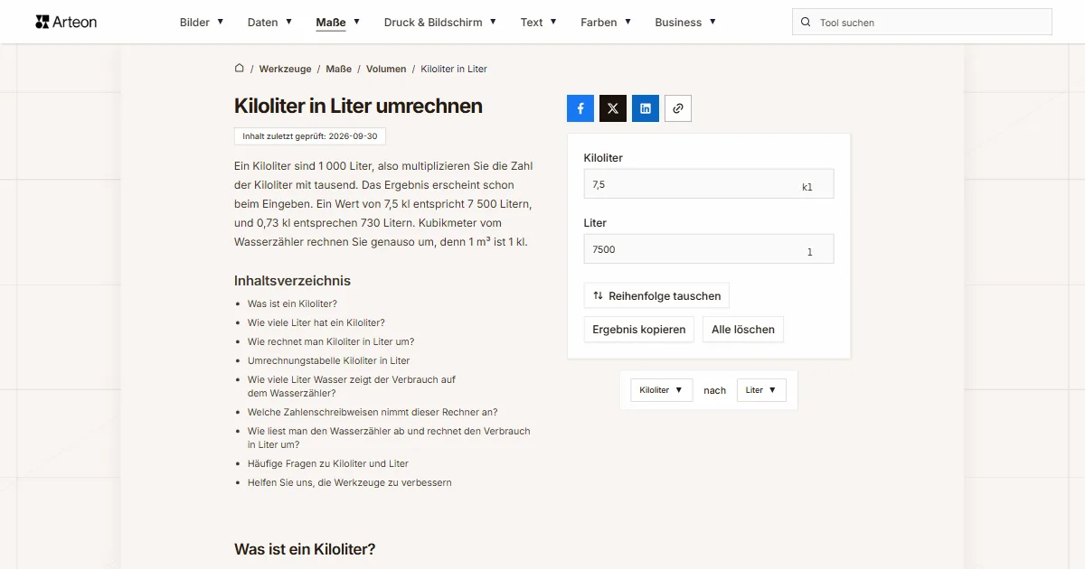 Screenshot des kostenlosen Arteon-Werkzeugs: Kiloliter in Liter umrechnen