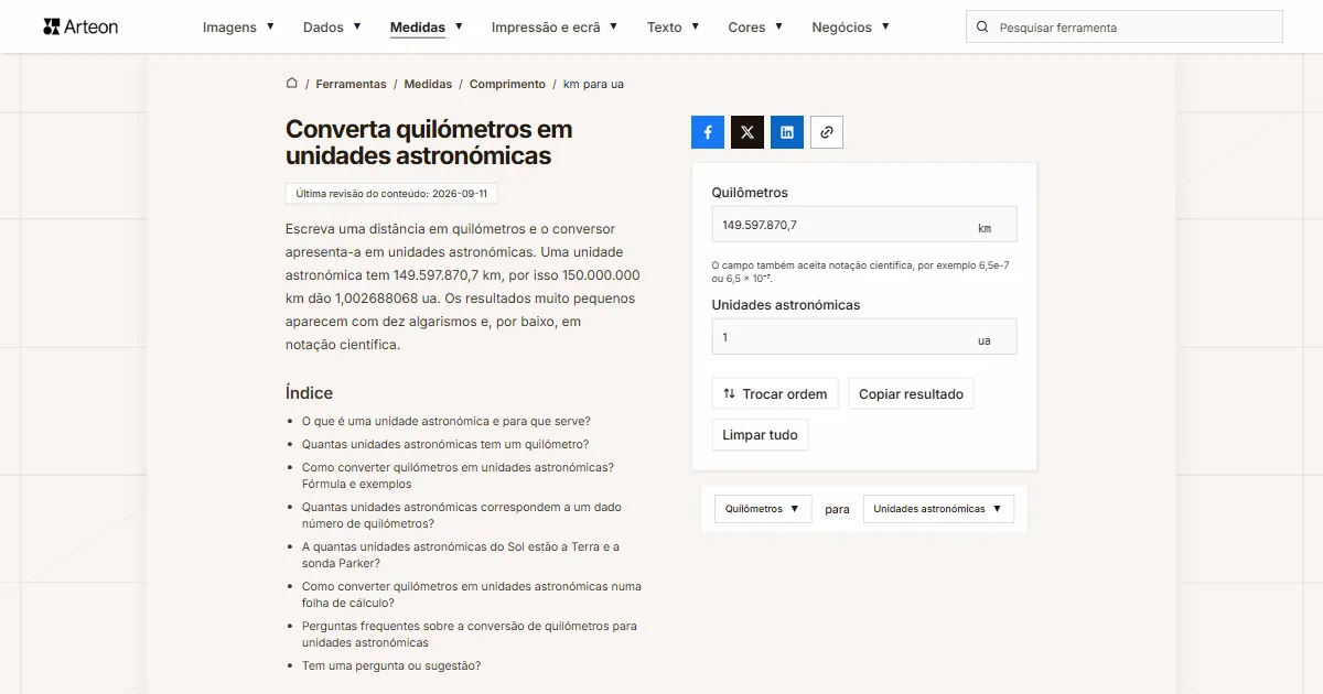 Captura de ecrã da ferramenta gratuita da Arteon: Converta quilómetros em unidades astronómicas