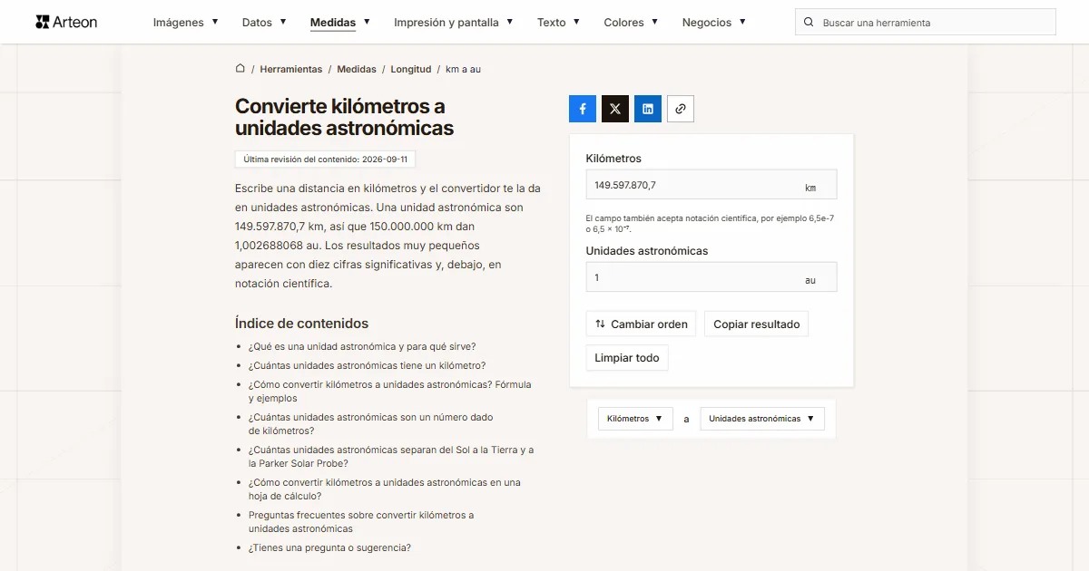 Captura de pantalla de la herramienta gratuita de Arteon: Convierte kilómetros a unidades astronómicas