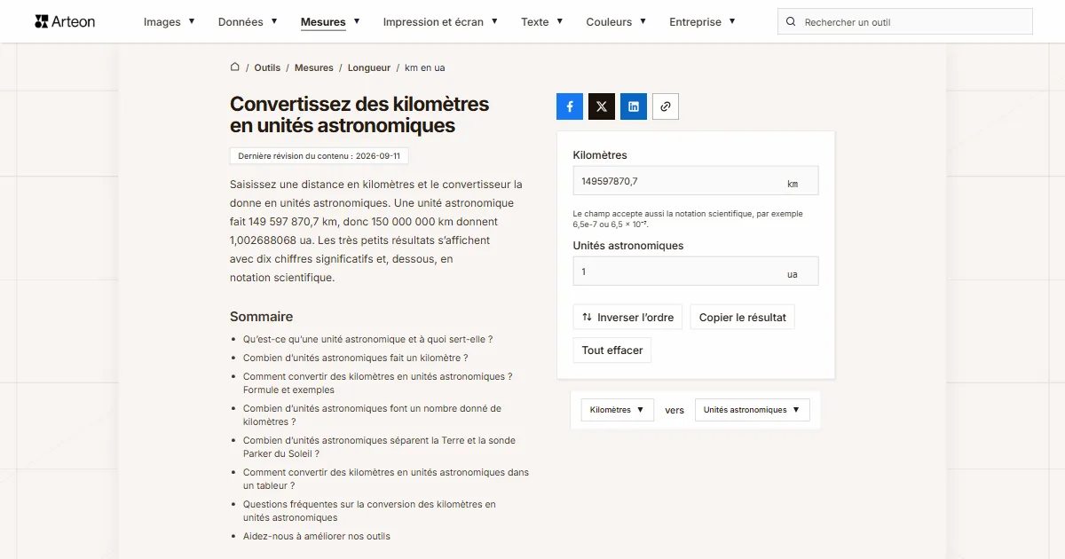 Capture d'écran de l'outil gratuit d'Arteon: Convertissez des kilomètres en unités astronomiques