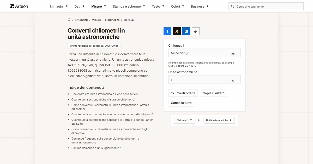 Screenshot dello strumento gratuito Arteon: Converti chilometri in unità astronomiche