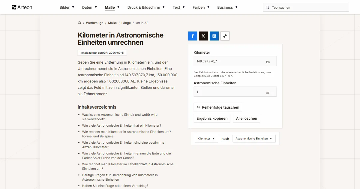 Screenshot des kostenlosen Arteon-Werkzeugs: Kilometer in Astronomische Einheiten umrechnen