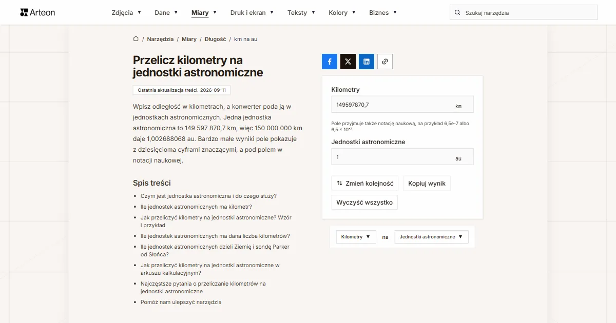 Zrzut ekranu darmowego narzędzia Arteon: Przelicz kilometry na jednostki astronomiczne