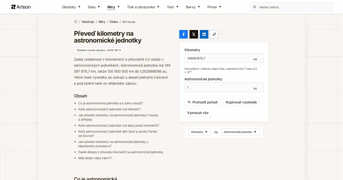 Snímek obrazovky bezplatného nástroje Arteon: Převeď kilometry na astronomické jednotky