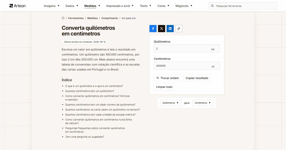 Captura de ecrã da ferramenta gratuita da Arteon: Converta quilómetros em centímetros