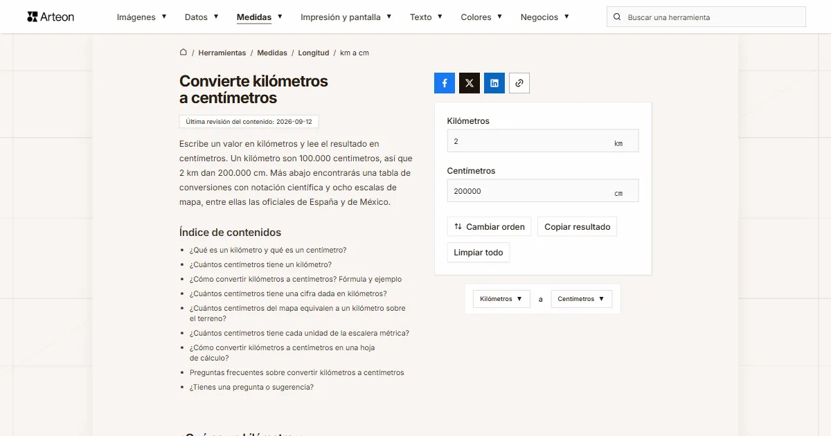 Captura de pantalla de la herramienta gratuita de Arteon: Convierte kilómetros a centímetros