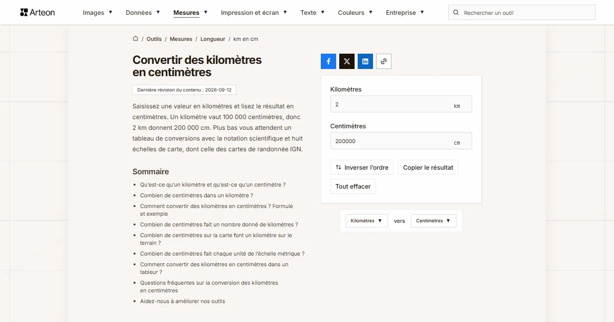 Capture d'écran de l'outil gratuit d'Arteon: Convertir des kilomètres en centimètres