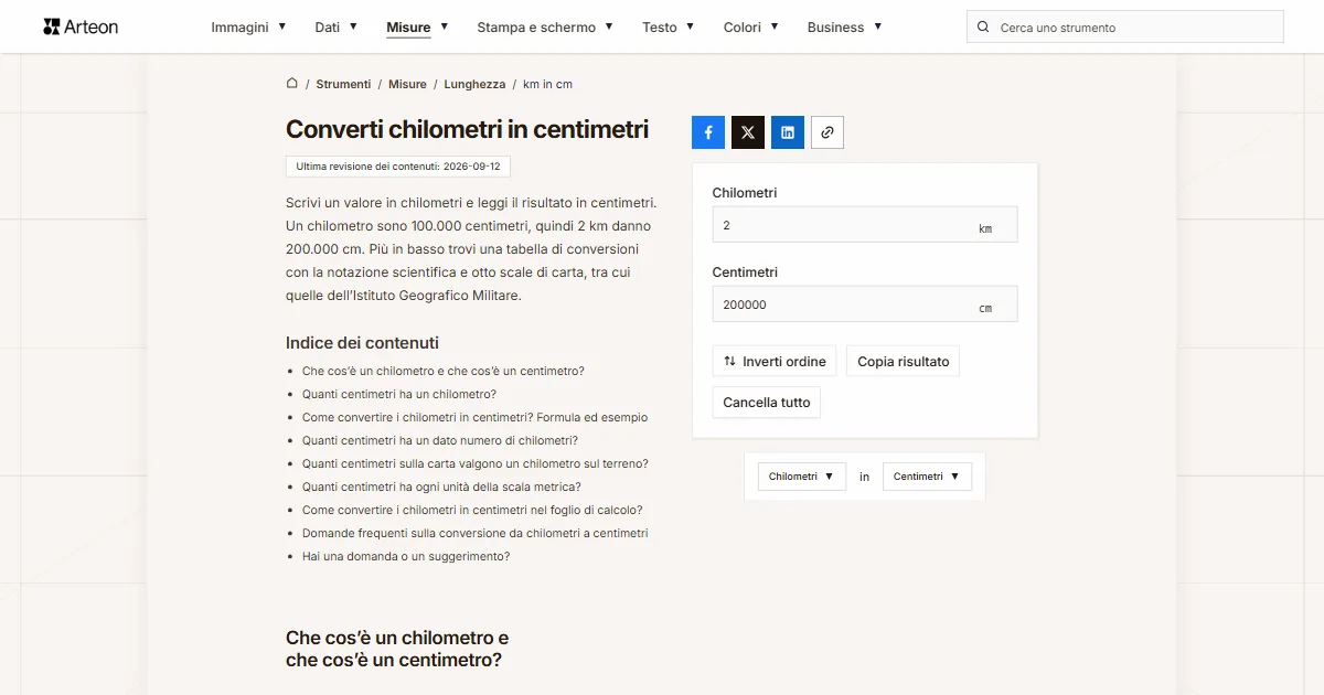 Screenshot dello strumento gratuito Arteon: Converti chilometri in centimetri