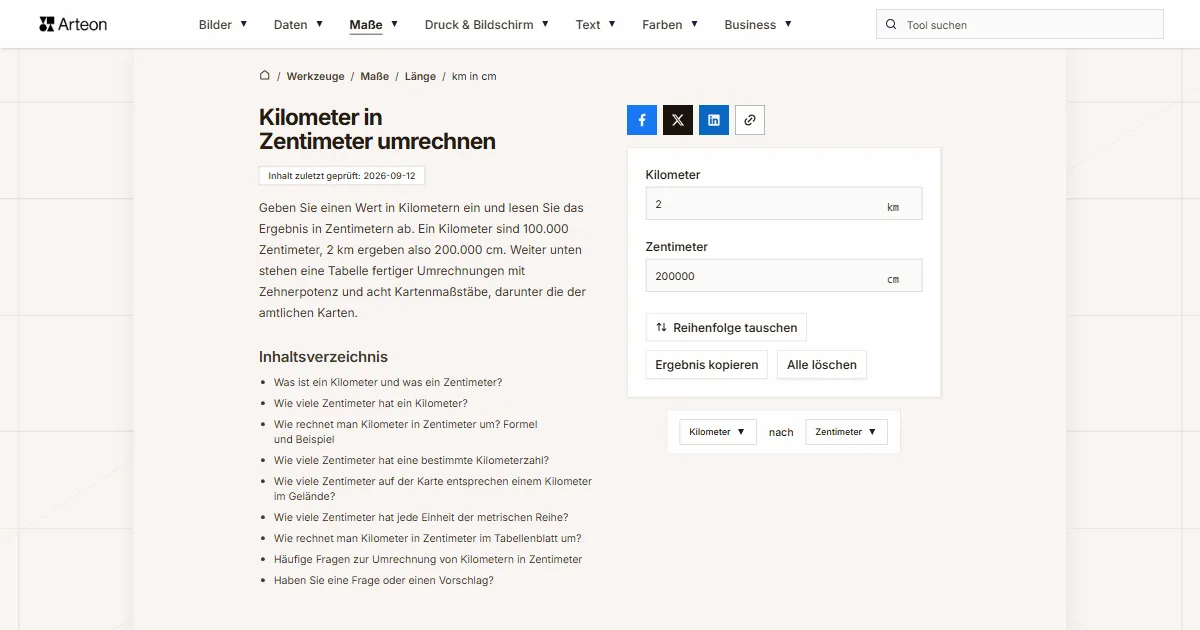 Screenshot des kostenlosen Arteon-Werkzeugs: Kilometer in Zentimeter umrechnen