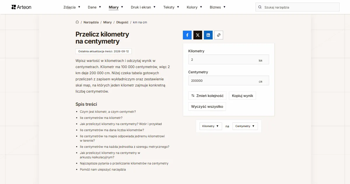 Zrzut ekranu darmowego narzędzia Arteon: Przelicz kilometry na centymetry