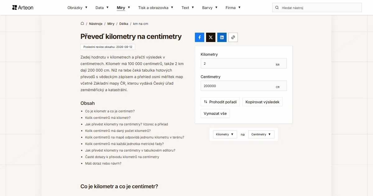 Snímek obrazovky bezplatného nástroje Arteon: Převeď kilometry na centimetry