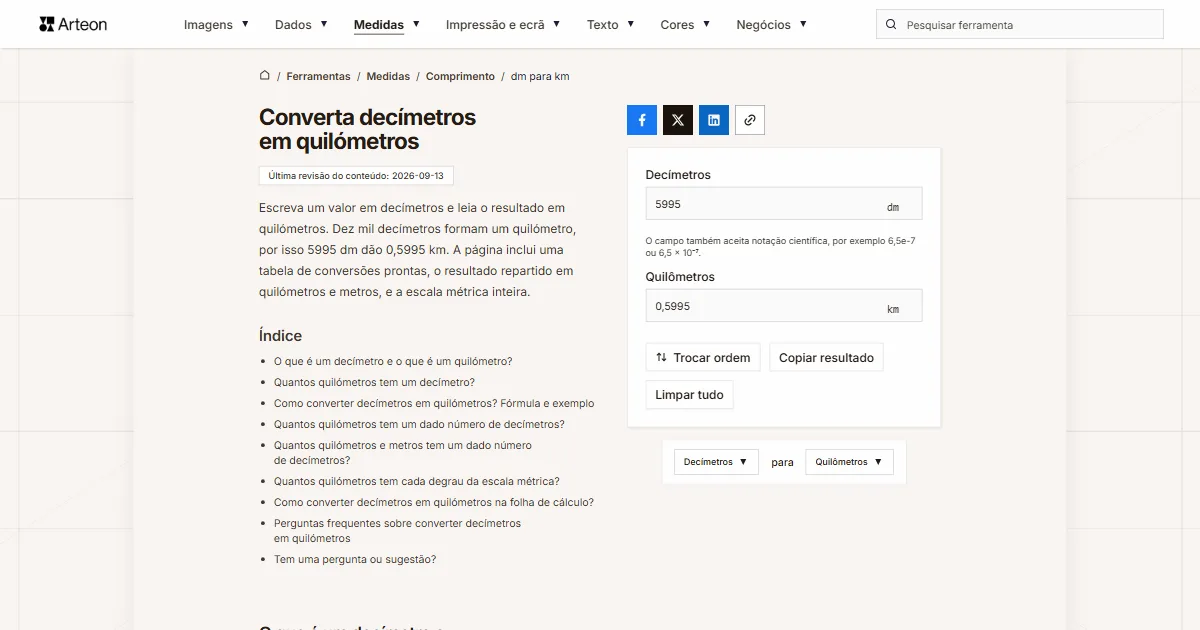 Captura de ecrã da ferramenta gratuita da Arteon: Converta decímetros em quilómetros