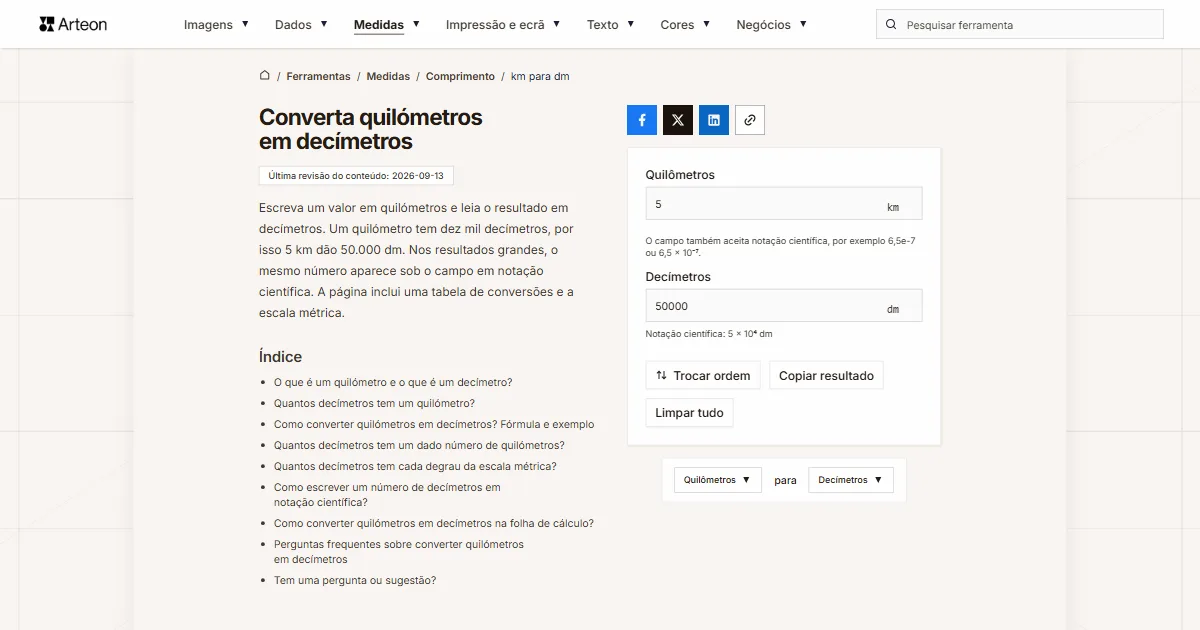 Captura de ecrã da ferramenta gratuita da Arteon: Converta quilómetros em decímetros