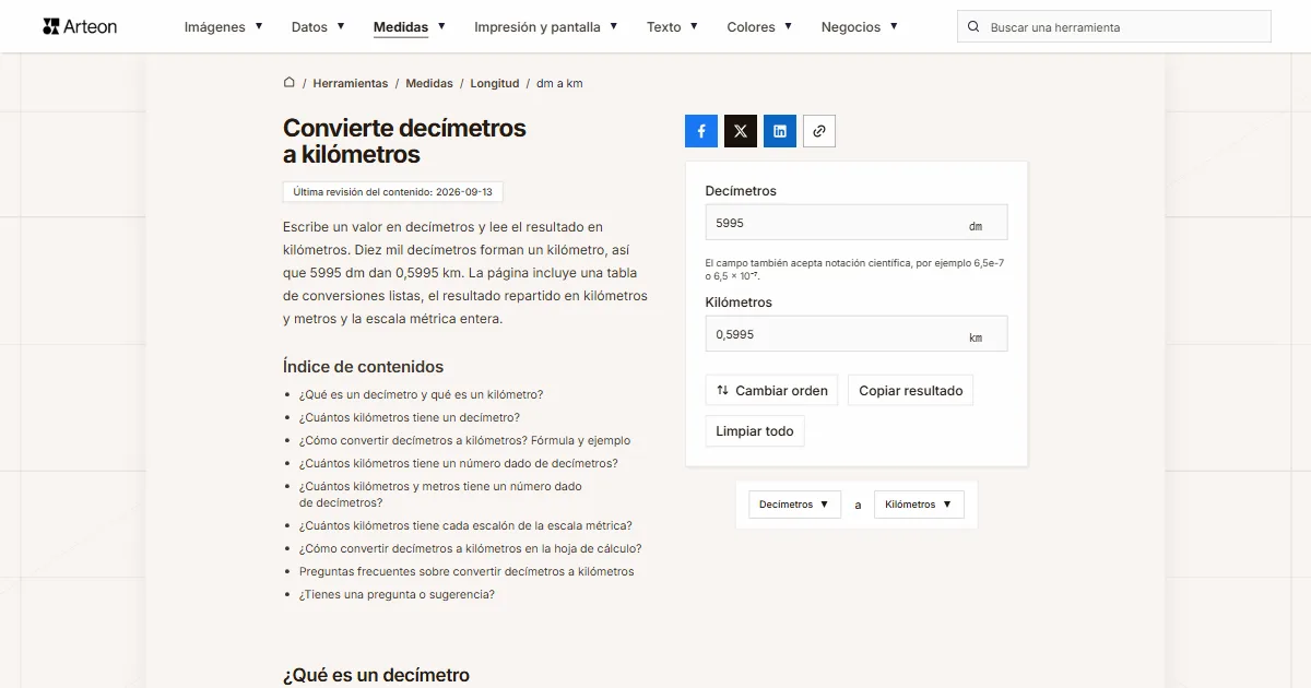 Captura de pantalla de la herramienta gratuita de Arteon: Convierte decímetros a kilómetros