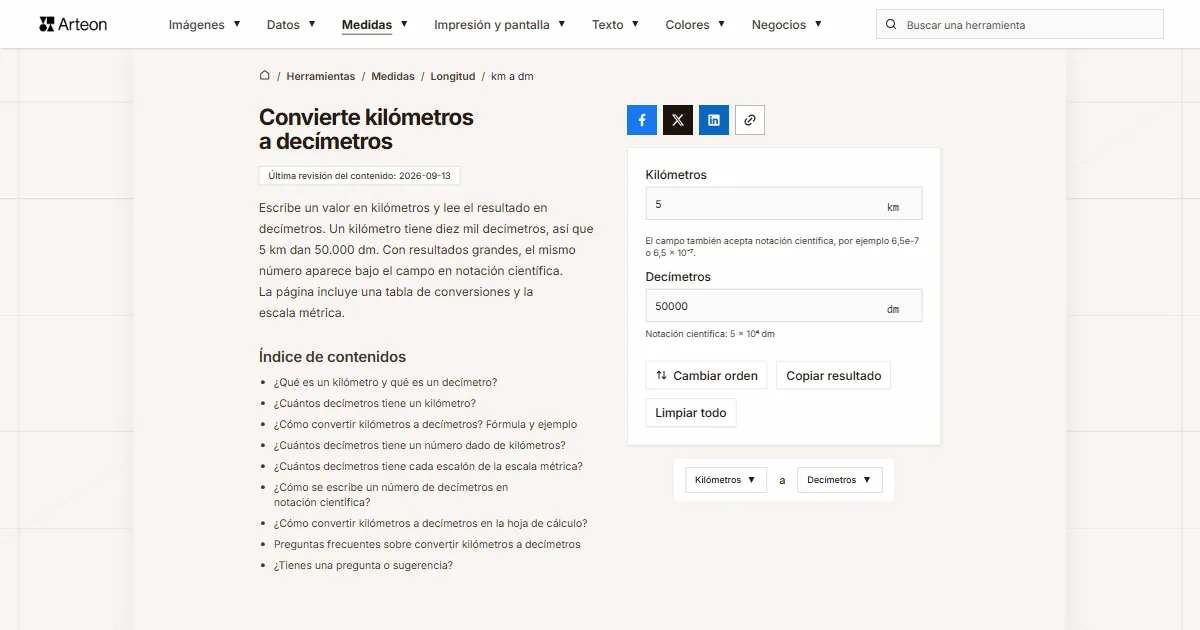 Captura de pantalla de la herramienta gratuita de Arteon: Convierte kilómetros a decímetros