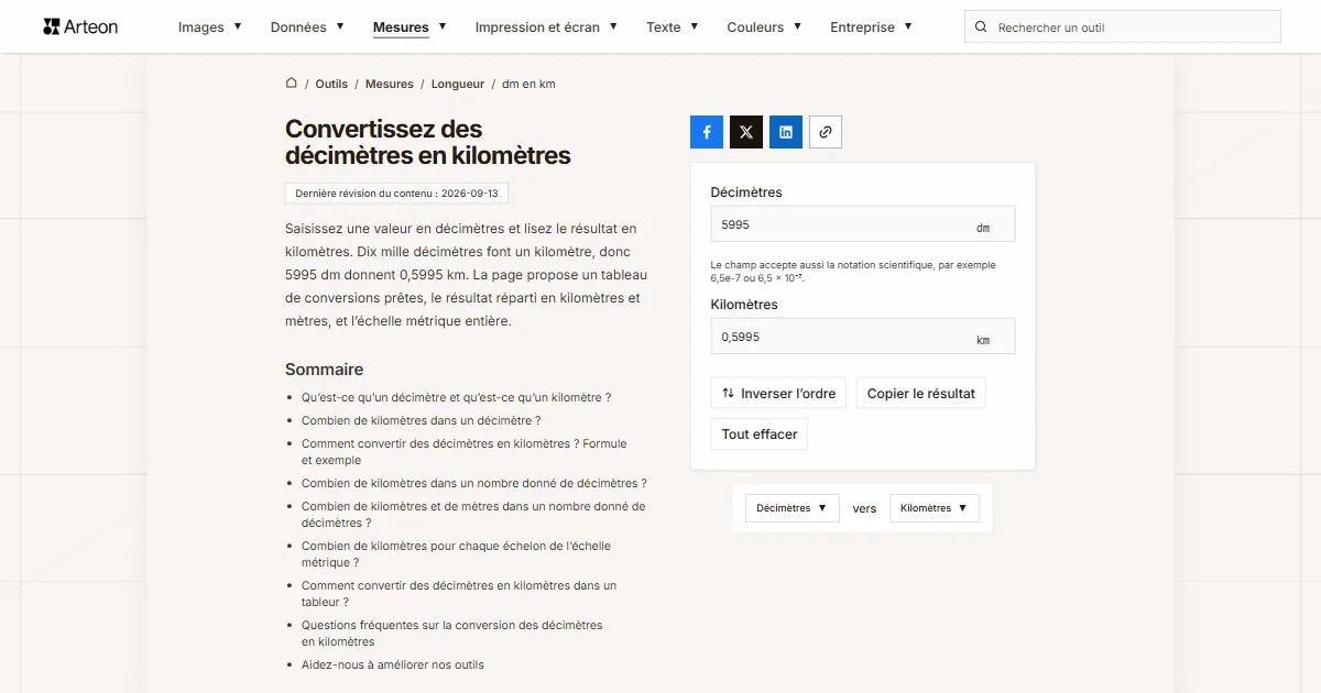 Capture d'écran de l'outil gratuit d'Arteon: Convertissez des décimètres en kilomètres