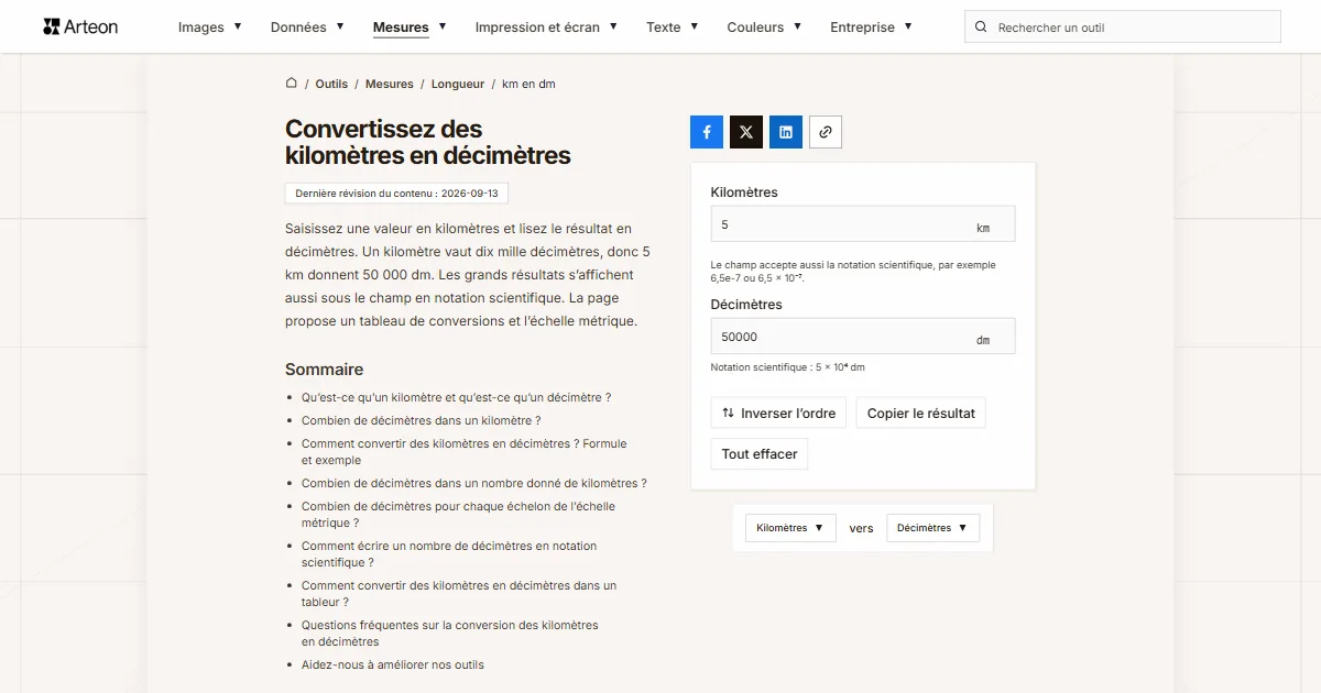 Capture d'écran de l'outil gratuit d'Arteon: Convertissez des kilomètres en décimètres