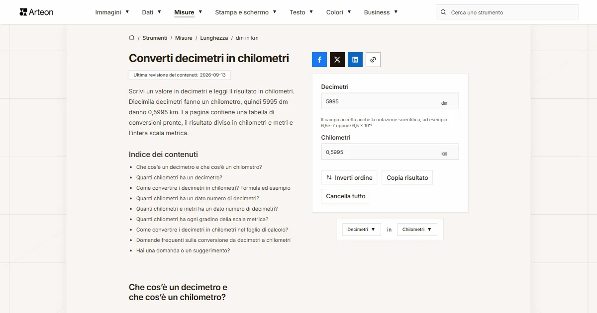 Screenshot dello strumento gratuito Arteon: Converti decimetri in chilometri