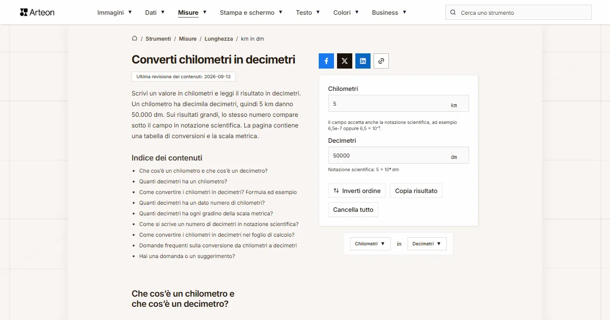 Screenshot dello strumento gratuito Arteon: Converti chilometri in decimetri