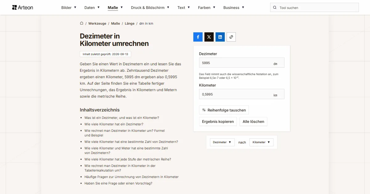 Screenshot des kostenlosen Arteon-Werkzeugs: Dezimeter in Kilometer umrechnen