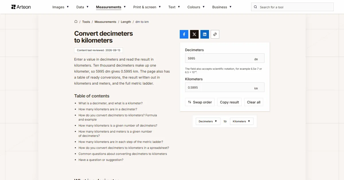 Arteon free tool screenshot: Convert decimeters to kilometers