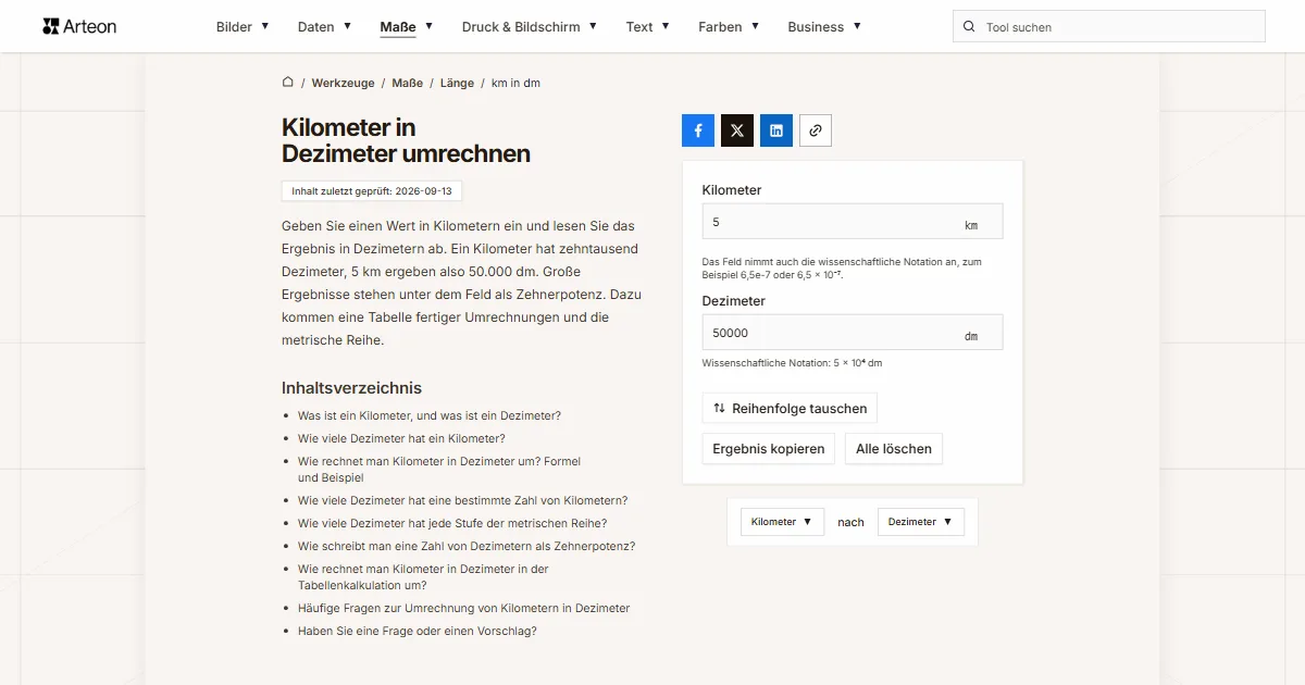 Screenshot des kostenlosen Arteon-Werkzeugs: Kilometer in Dezimeter umrechnen