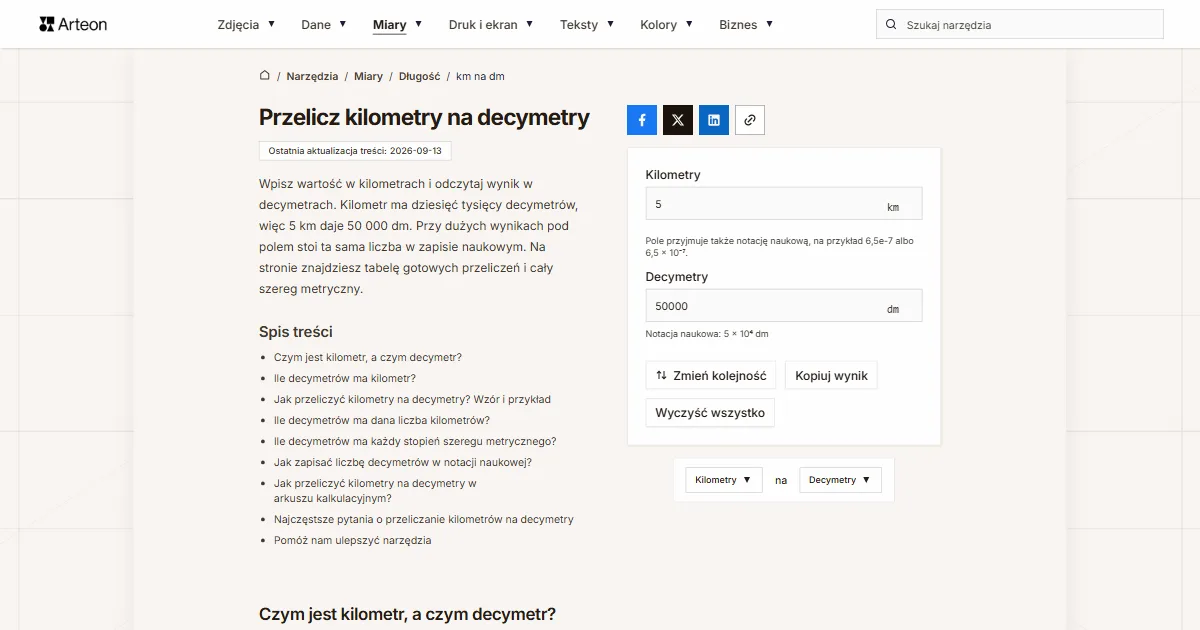 Zrzut ekranu darmowego narzędzia Arteon: Przelicz kilometry na decymetry