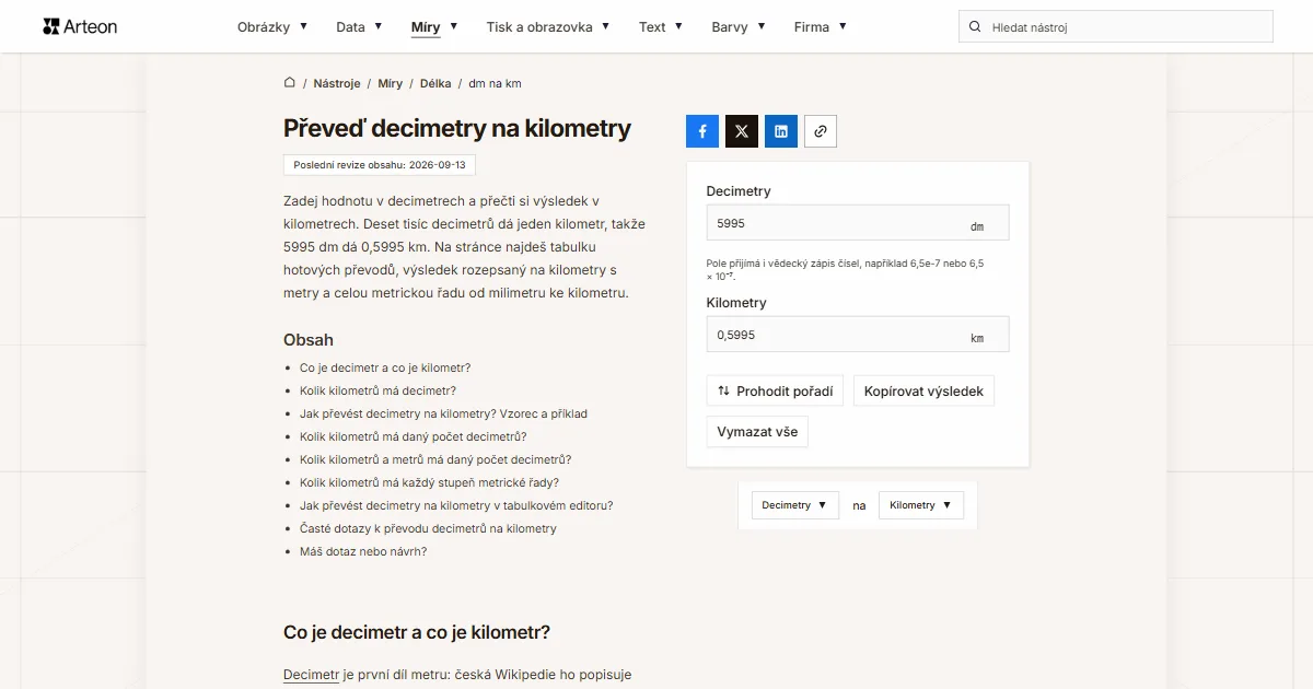 Snímek obrazovky bezplatného nástroje Arteon: Převeď decimetry na kilometry
