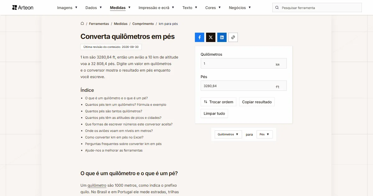 Captura de ecrã da ferramenta gratuita da Arteon: Converta quilômetros em pés