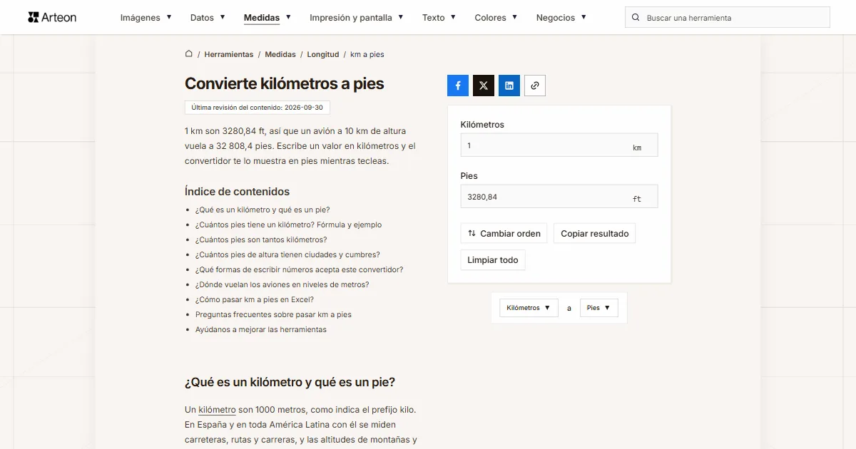 Captura de pantalla de la herramienta gratuita de Arteon: Convierte kilómetros a pies