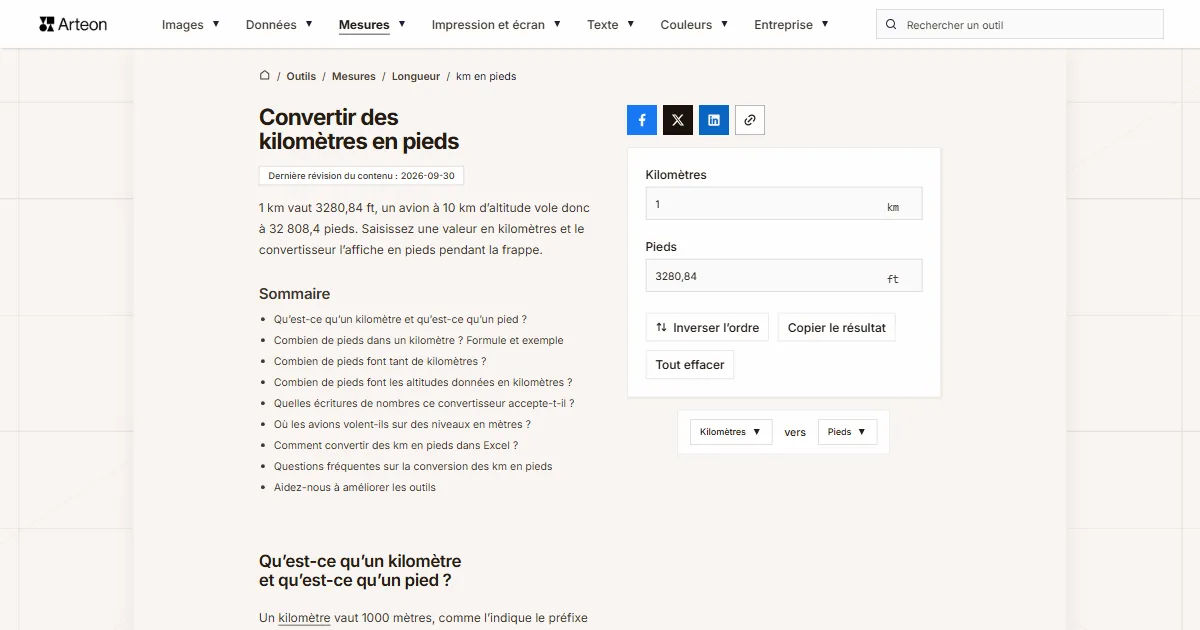 Capture d'écran de l'outil gratuit d'Arteon: Convertir des kilomètres en pieds