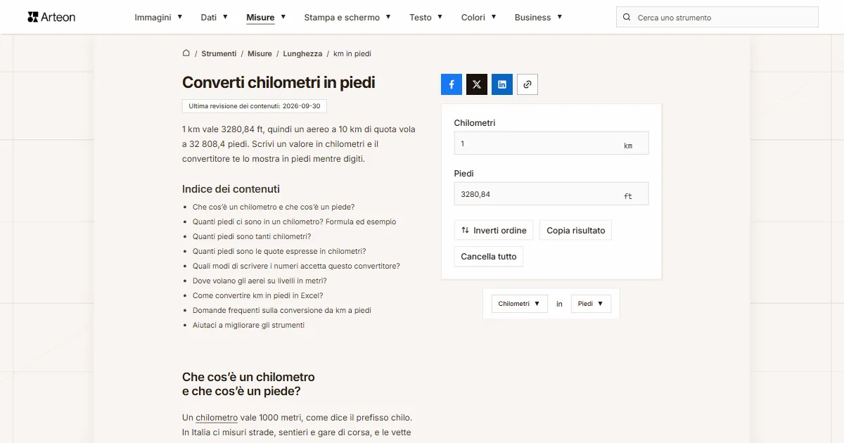 Screenshot dello strumento gratuito Arteon: Converti chilometri in piedi