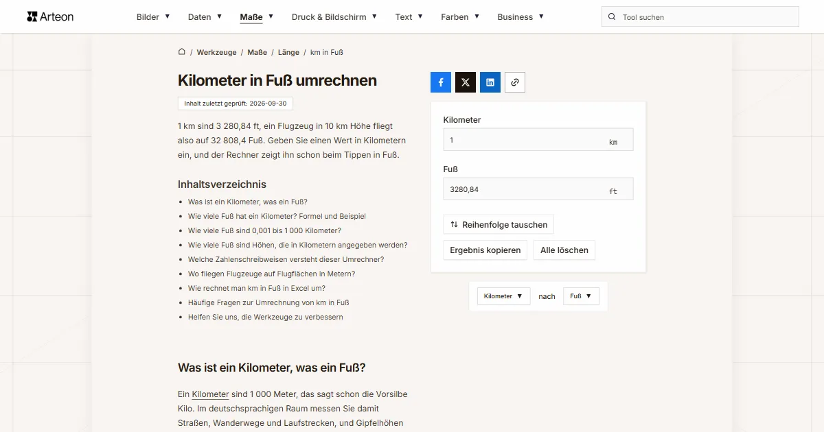Screenshot des kostenlosen Arteon-Werkzeugs: Kilometer in Fuß umrechnen