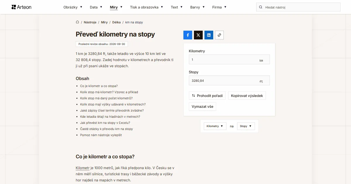Snímek obrazovky bezplatného nástroje Arteon: Převeď kilometry na stopy