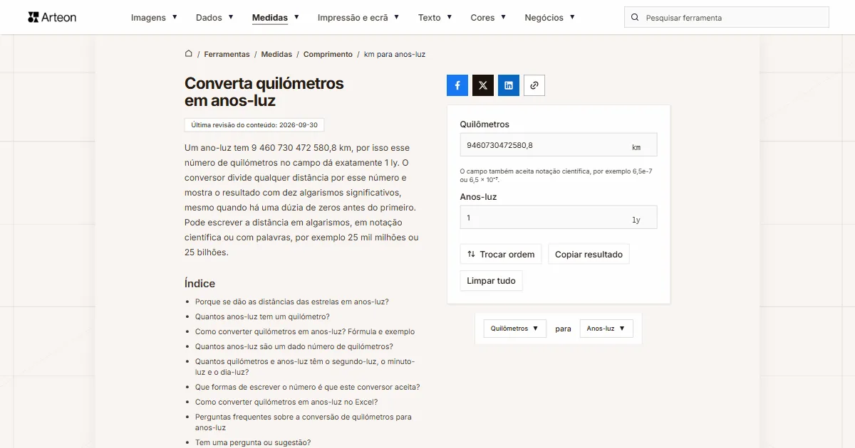 Captura de ecrã da ferramenta gratuita da Arteon: Converta quilómetros em anos-luz