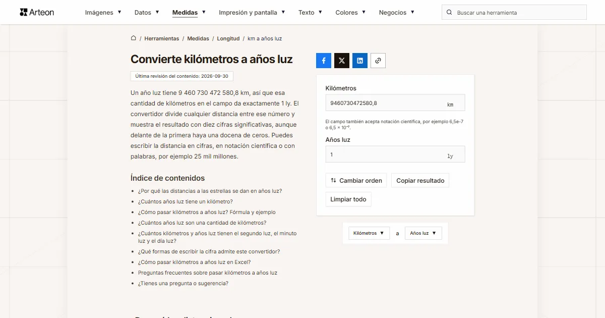 Captura de pantalla de la herramienta gratuita de Arteon: Convierte kilómetros a años luz