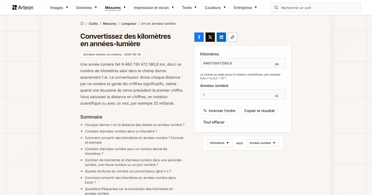 Capture d'écran de l'outil gratuit d'Arteon: Convertissez des kilomètres en années-lumière