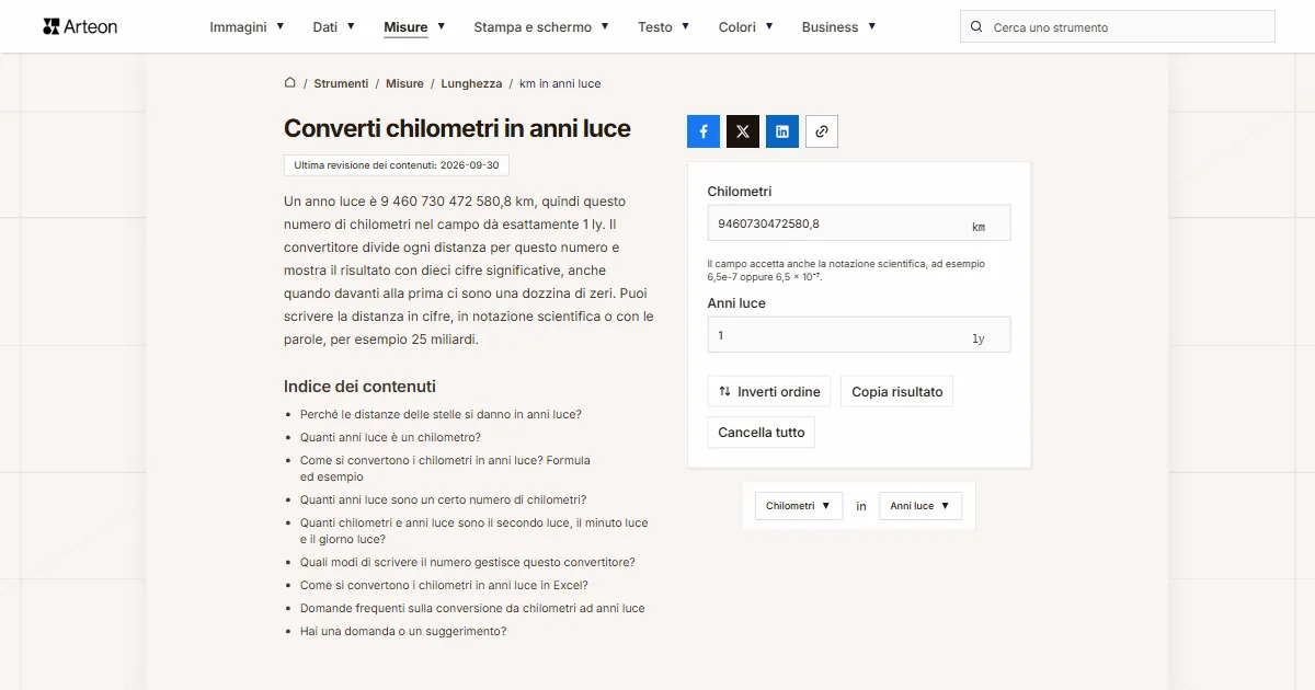 Screenshot dello strumento gratuito Arteon: Converti chilometri in anni luce