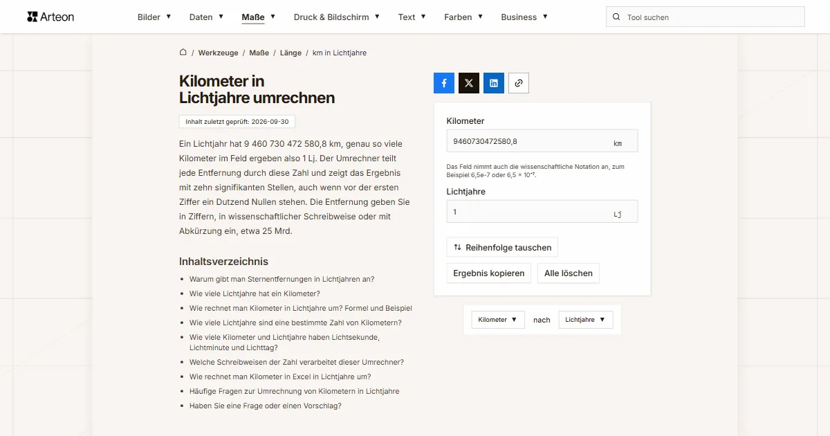 Screenshot des kostenlosen Arteon-Werkzeugs: Kilometer in Lichtjahre umrechnen