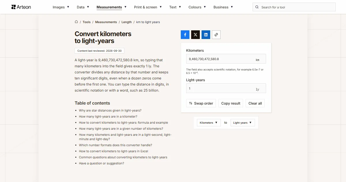 Arteon free tool screenshot: Convert kilometers to light-years